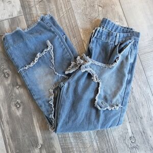Y2K Star Patch Cargo Jeans Frayed Denim Women Sz 10 Indie Grunge Alt Goth Emo